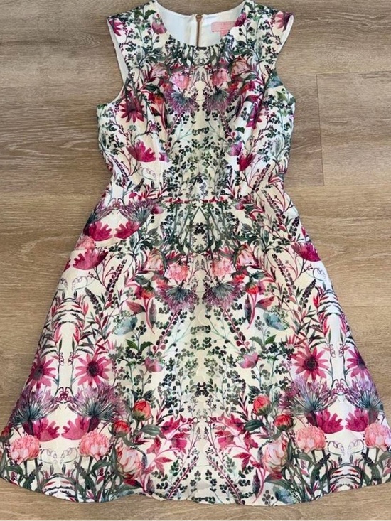 Ted Baker Dresses & Skirts - Ted Baker White Floral Midi Dress with Pink & Green Print